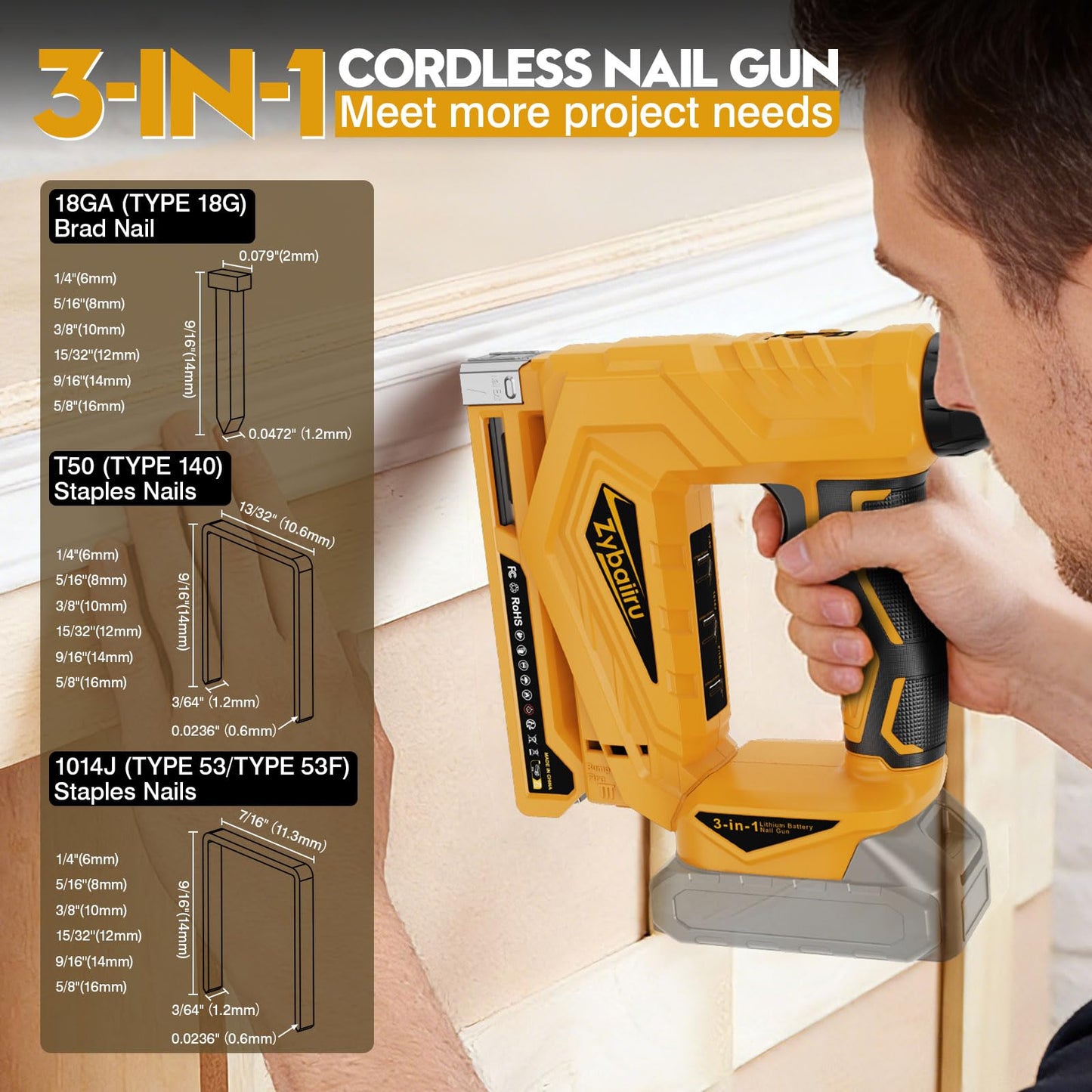 Zybaiiru 3-In-1 Cordless Nail Gun - Compatible with DEWALT 20V Battery - 18 GA Electric Brad Nailer with 1000 x 18GA Nails & 1000 x T50 Staples & 1000 x 1014J Staples for Wood & Home DIY (No Battery)