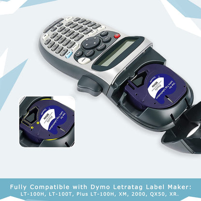 UNOKA Replacement for DYMO Letratag Waterproof Labels Refills White Plastic 91331(91201 S0721660), Black on White LT Label Tape for Dynamic Letra Tag LT-100T LT-100H QX50, 1/2" x 13' (12mm x 4m)
