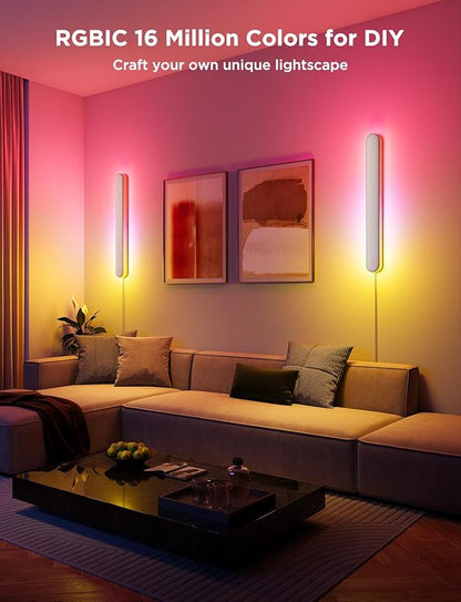 Govee Wall Sconces Set of Two, RGBIC LED Wall Lights, Works with Matter & Alexa, Music Sync, Plug in Wall Mount Light, Dimmable Modern Room Light for Living Room Bedroom Hallway, 2 Pack