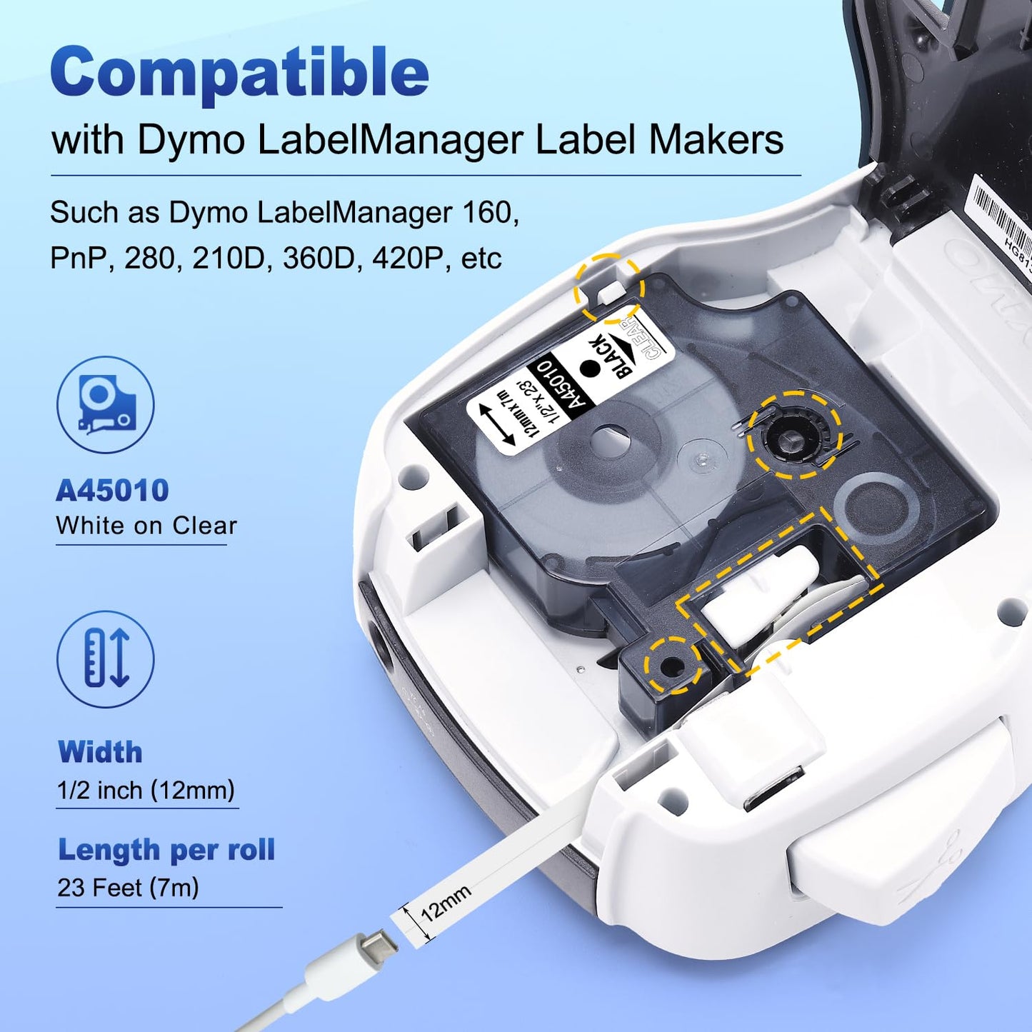 Compatible DYMO D1 Label Tape Black on Clear Replace for DYMO Label Maker Refills 45010 S0720500, 1/2Inch x 23Ft for Dymo LabelManager 160 210D 280 360D Labeler, 3-Pack