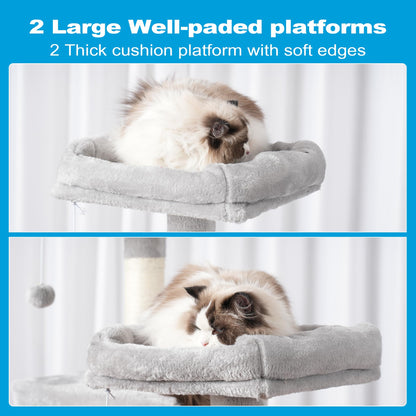 Hey-brother Large Multi-Level Cat Tree Condo Furniture with Sisal-Covered Scratching Posts, 2 Bigger Plush Condos, Perch Hammock for Kittens, Cats and Pets Light Gray MPJ020W