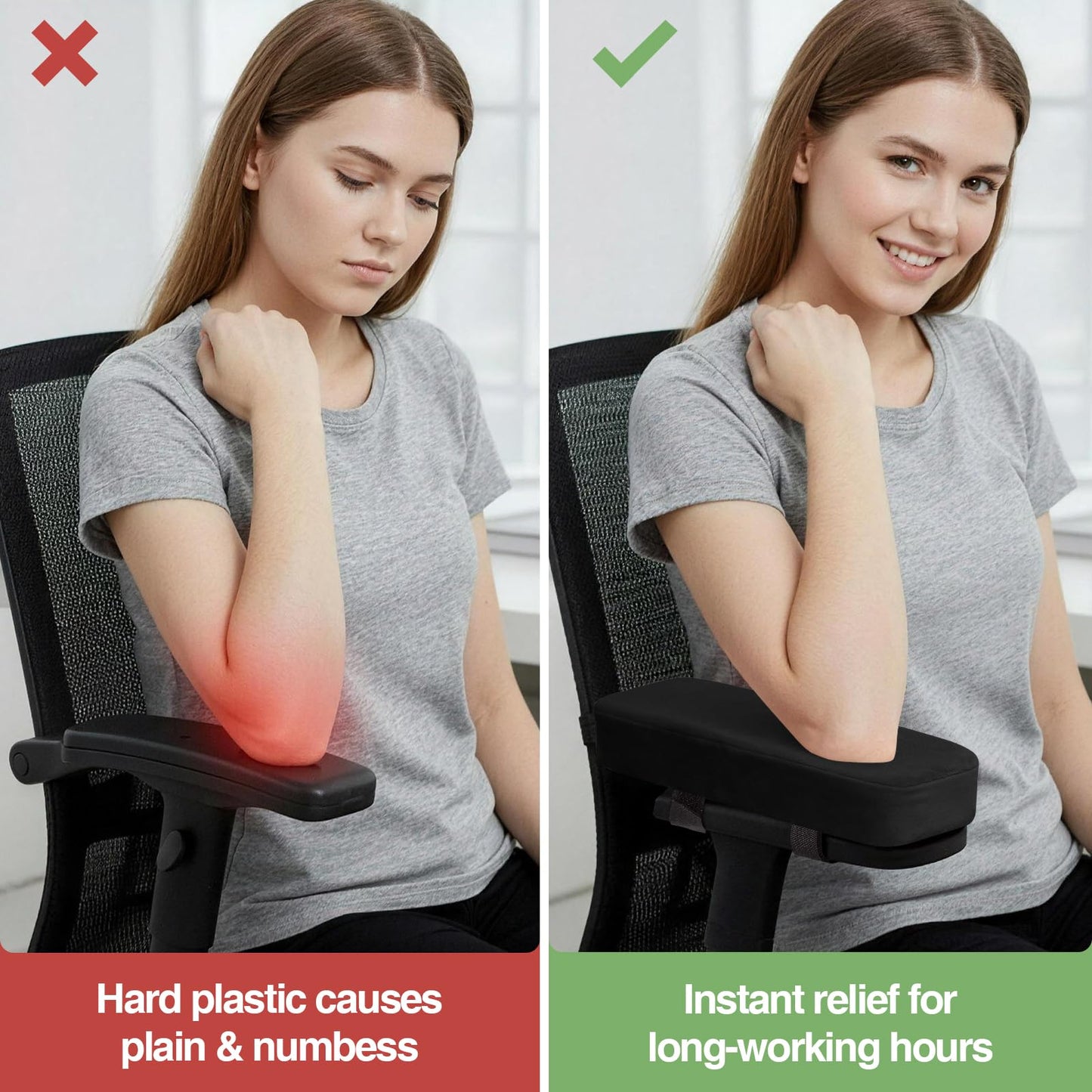 Smiry Ergonomic Office Chair Armrest Pads, Memory Foam Arm Rest Covers, Non-Slip Armrest Cushion with Adjustable Buckles and Straps, Elbow Relief for Desk, Gaming & Wheelchair (Black, Set of 2)