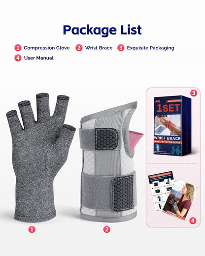 FEATOL Compression Arthritis Glove with Wrist Brace, Comfortable Fingerless Carpal Tunnel Hand Gloves for Women Night Support, Pain Relief for Rheumatoid Arthritis, Work, Typing - Right Hand, Medium