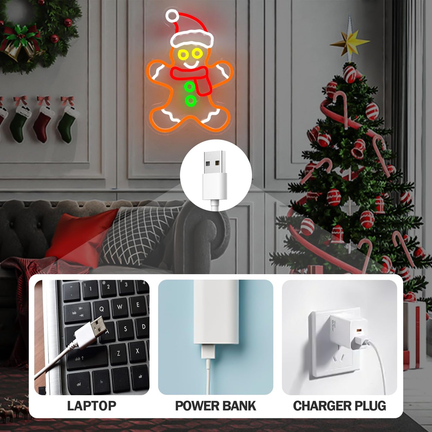 Gingerbread Man Neon Sign Dimmable Gingerbread Christmas Neon Lights for Window, Bedroom, Living Room LED Gingerbread Man with Scarf and Santa Hat Neon Sign for Christmas Party Gifts