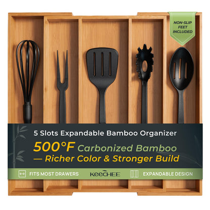 Carbonized Bamboo Kitchen Drawer Organizer, 8 Slots Silverware Organizer, Utensil Holder & Cutlery Tray, 2.2" Deep for Extra Capacity, Non-Slip Feet Included