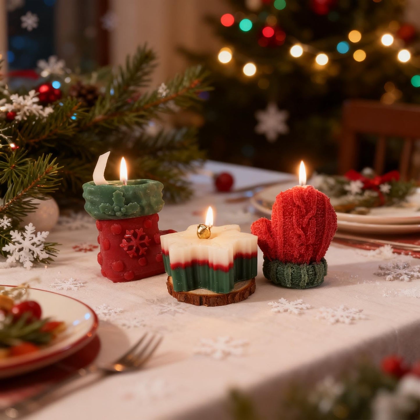 3 Pcs Christmas Snowflake Candles for Table Decorations, Premium Natural Christmas Snow Stocking Glove Shaped Taper Candles with Cotton Wick for Xmas Holiday Party Supplies