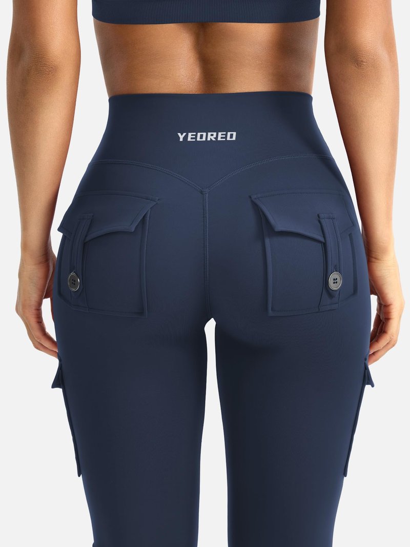 YEOREO CoreFlex Women Workout Flare Leggings with Pockets Scrunch Cargo Gym Yoga Leggings Blue Navy S