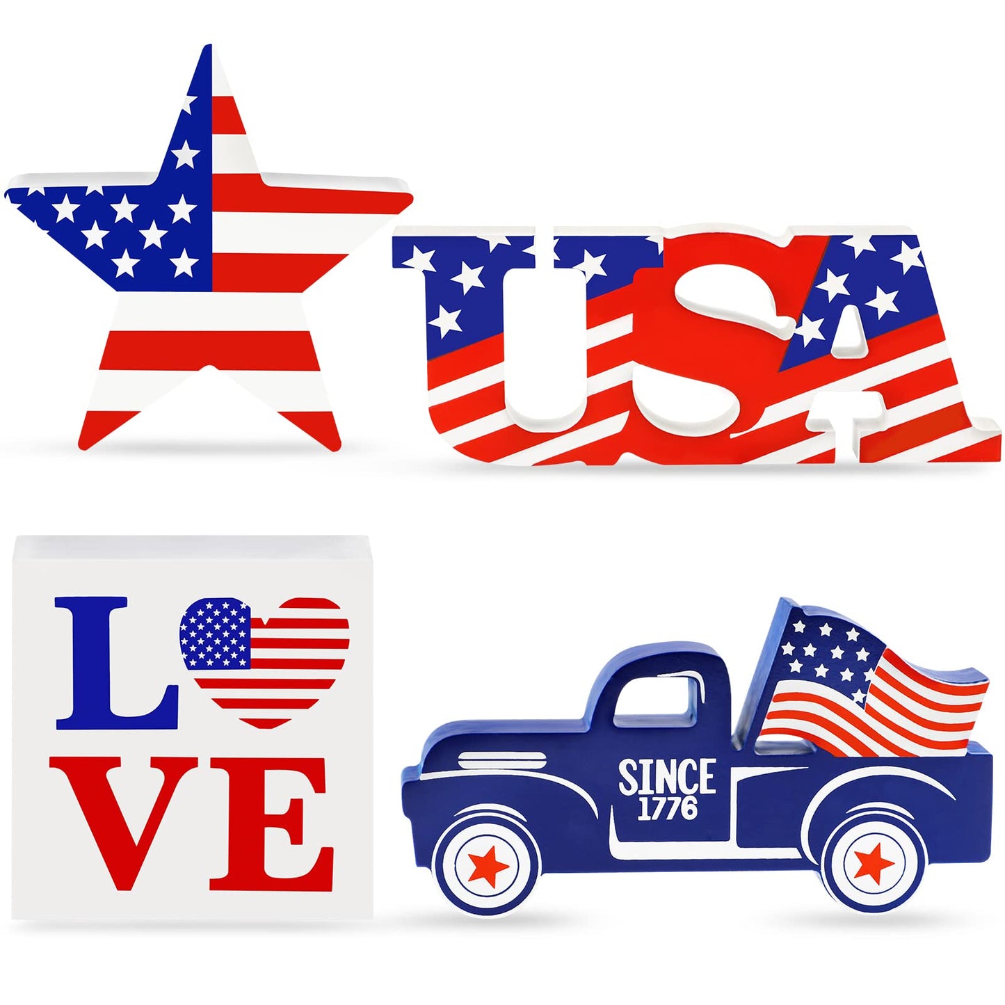 4th of July Decor Patriotic Decorations 4Pcs Wooden Star USA LOVE Car Sign Fourth of July Table Decorations Memorial Day Red White and Blue Decor