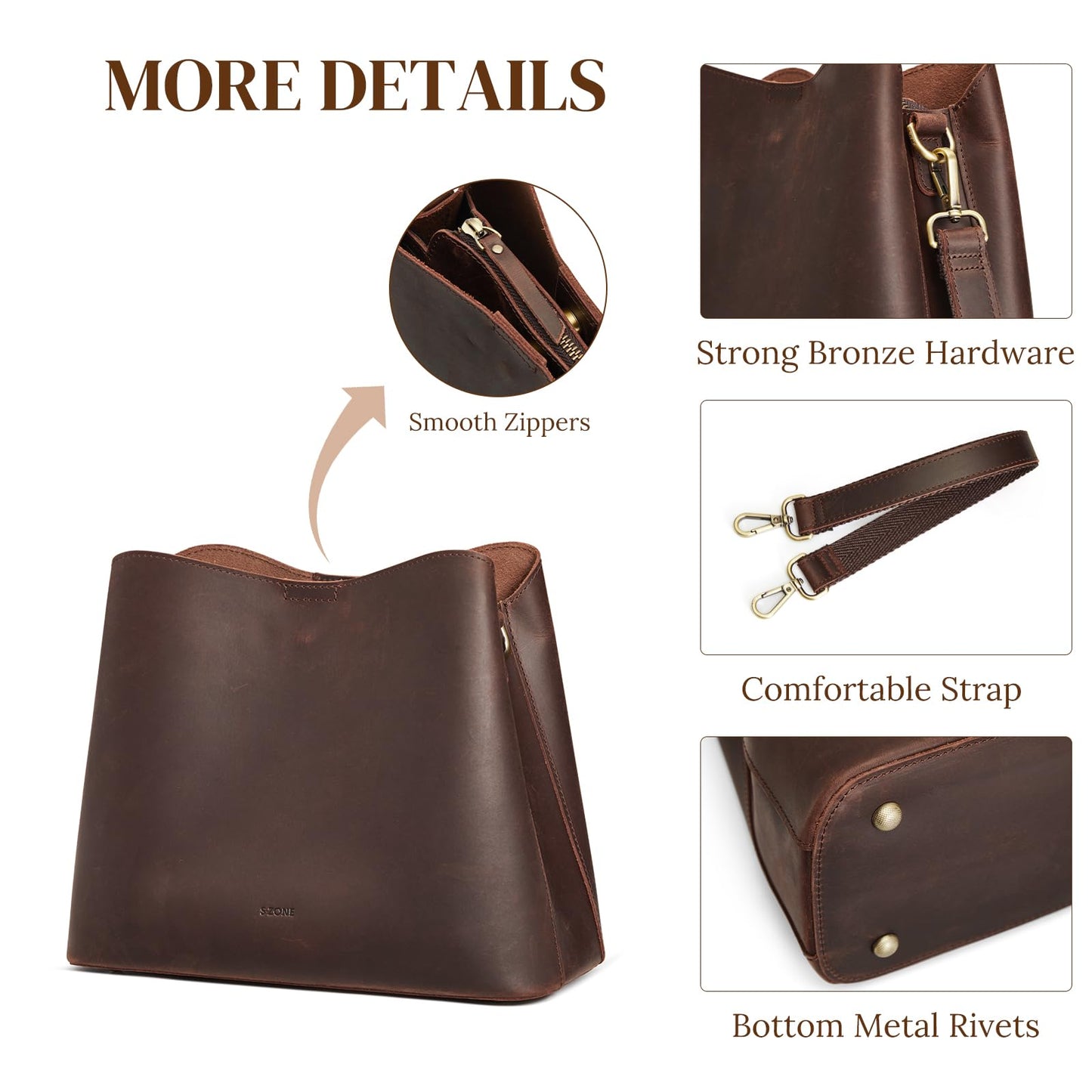 S-ZONE Leather Crossbody Bags for Women Shoulder Bag Multi Compartments Bucket Purses