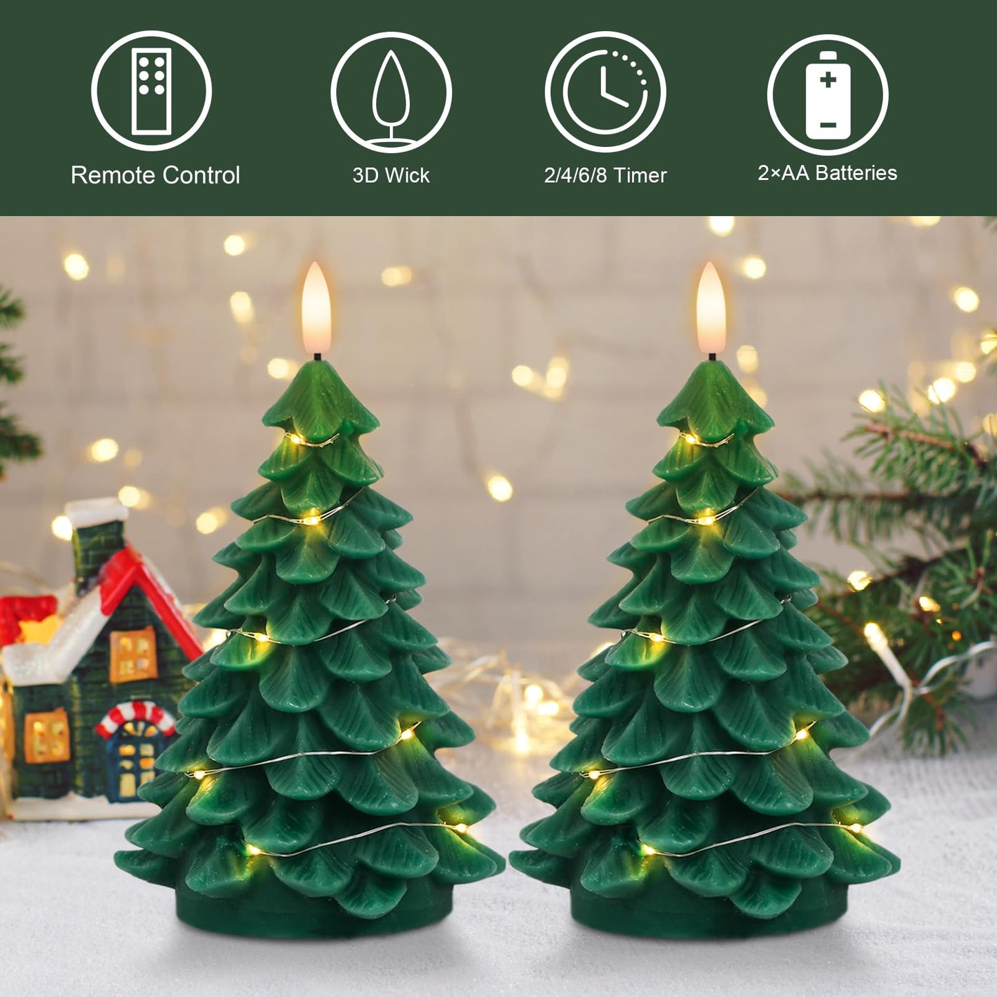 Eldnacele Christmas Tree Flameless Candles String Lights with 11-Key Remote and Timer, Battery Operated 3D Wick Flickering Real Wax LED Pillar Candles Xmas Eve Dinning Holiday Decor(2Pcs,3"×7.1")
