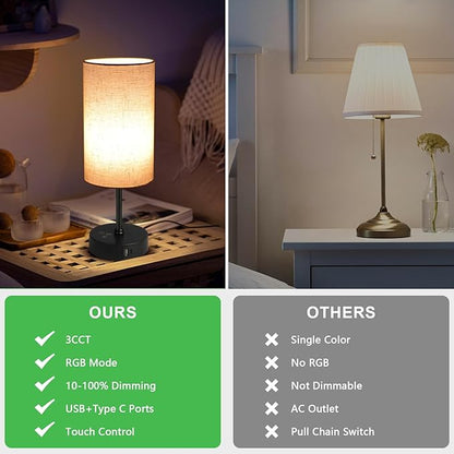 Ascher 2 Pack Table Lamp RGB Color Changing - 3 Color Temperatures Stepless Dimmable Small Bedside Lamp for Bedroom, Touch Control Nightstand Light with Flaxen Shade for Reading Home Decor Lights