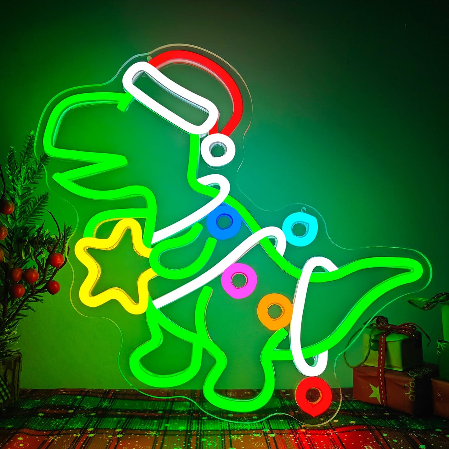 Jeanchrl Christmas Dinosaur Neon Sign Green Dinosaur Ornament LED Sign for Kids Bedroom Dimmable Dino Christmas Light Up Sign for Tree Windows Game Room Unique Neon Wall Art Decorations Gifts for Teens