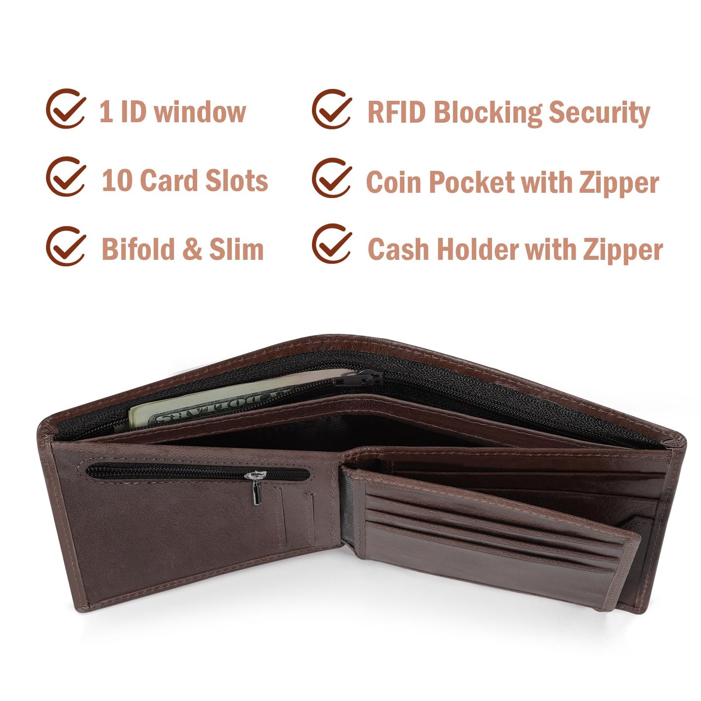 LYOOMALL Wallet for Men, Large Capacity Genuine Leather RFID Blocking Bifold Wallet/Credit Card Holder for Men, with Coin Pocket, Zipper Cash Pocket, ID Window and 10 Card Slots (Coffee)