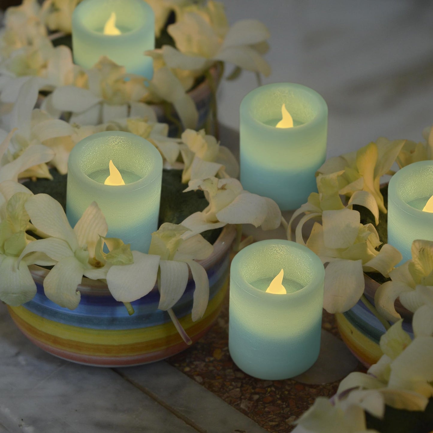 FURORA LIGHTING Blue Marble Real Wax Flameless Candles - 2" W x 2.2" H Votive, LED Flicker, 6-Pack, Batteries Included, Wedding & Spa Decor