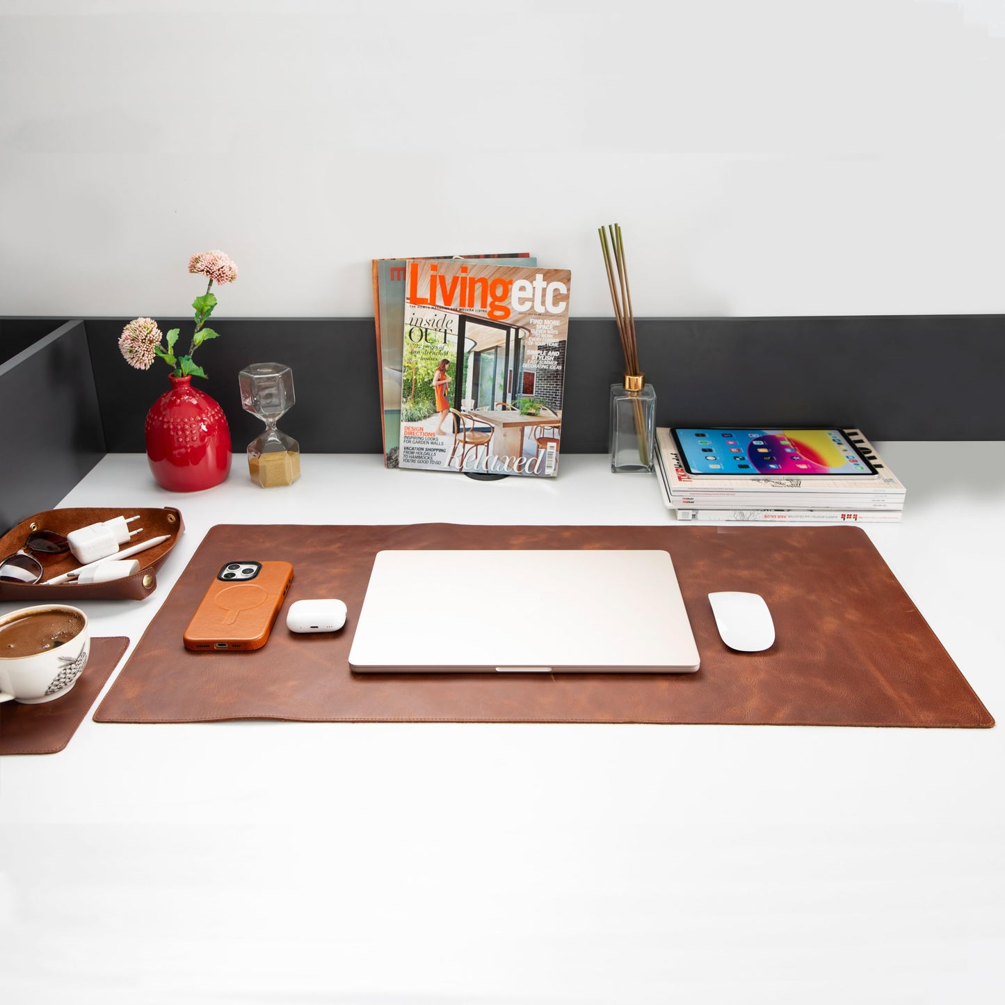Node Leather - Genuine Leather Desk Mat (32" x 16"), Desk Organizer & Cup Coaster - Leather Office Set - Premium Handmade Office Accessories for Elegant Workspace - Brown