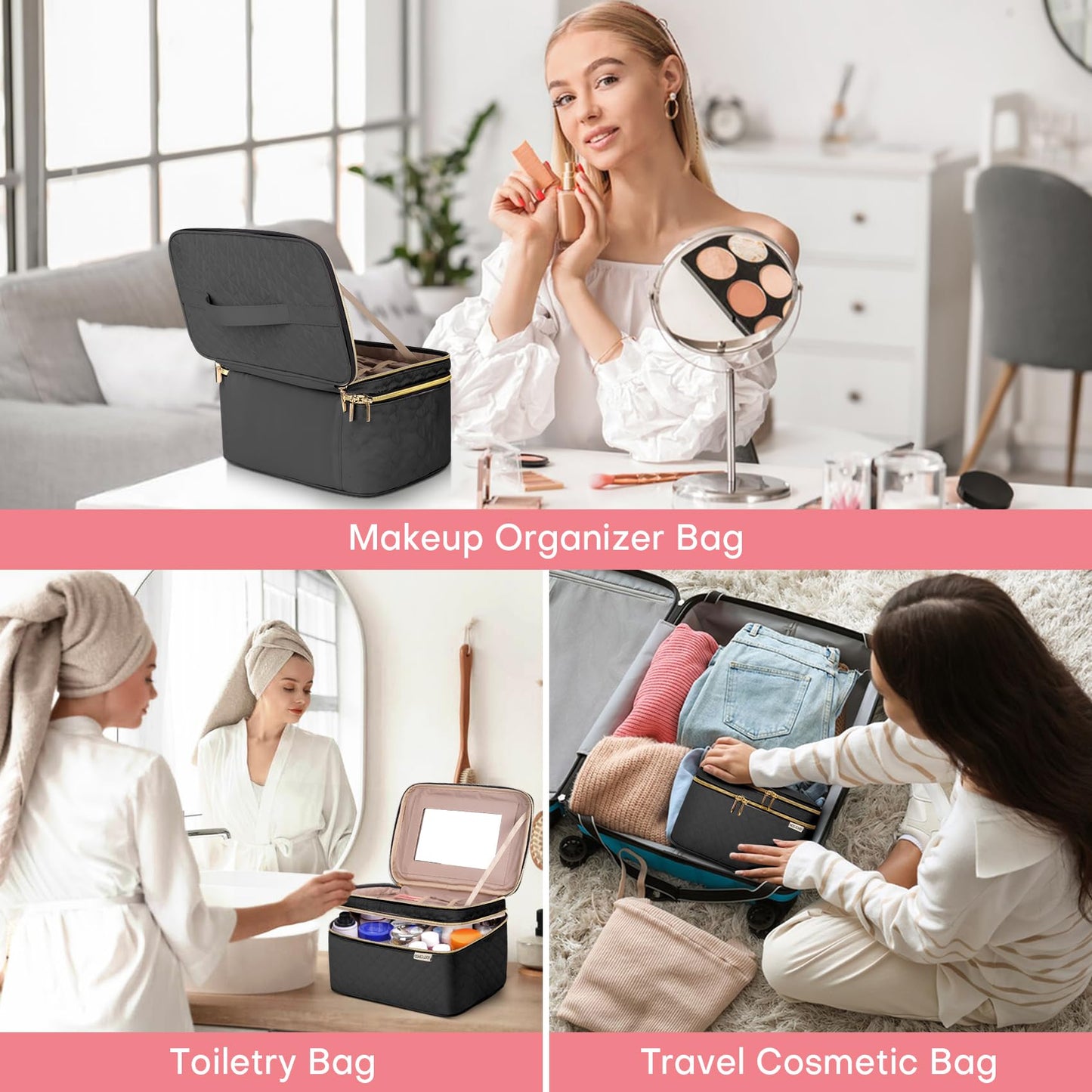 HXLGMD Double Layer Travel Makeup Bag Women, Cosmetic Organizer Case, Travel Essentials Accessories with Shoulder Strap for Bottles, Brushes, Conditioner, Skin Care Products, Black