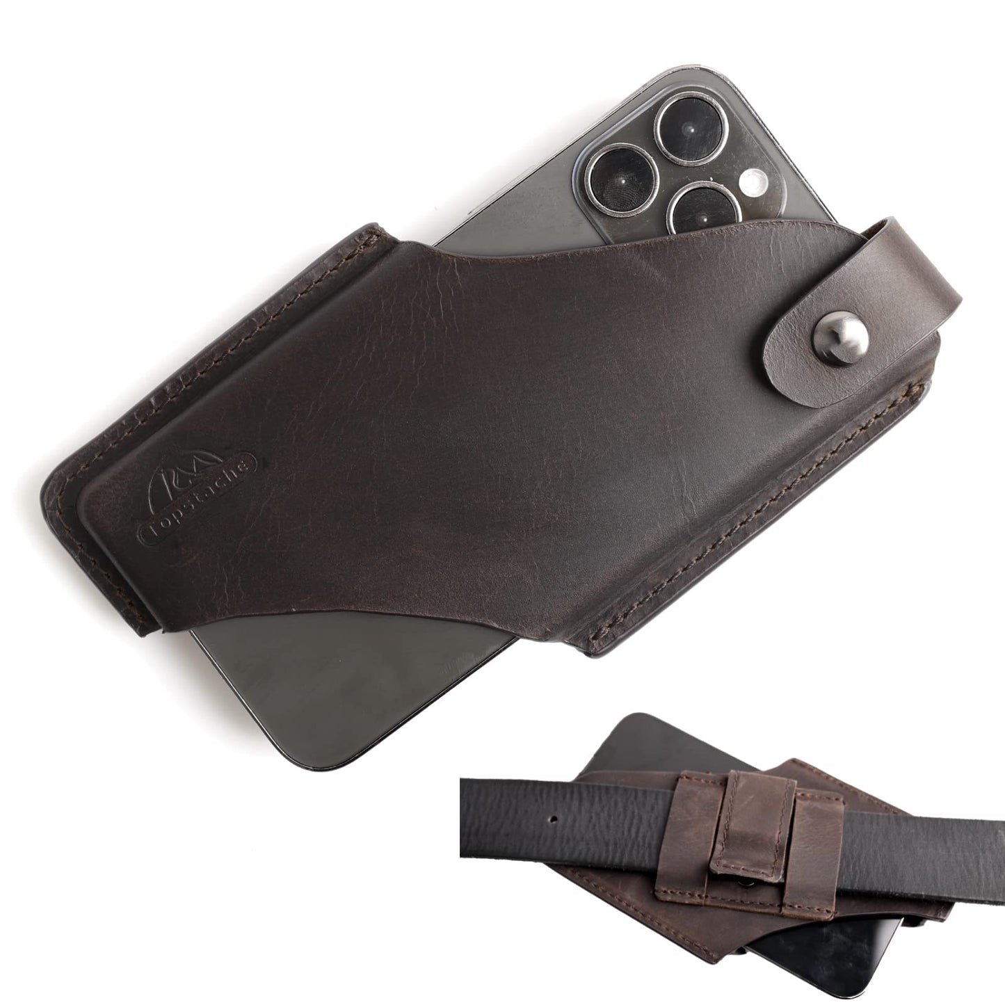 Topstache Leather Phone Holster with Belt Clip for iPhone 17/16/15 Pro Max & Plus - Magnetic Closure Cell Phone Case for Galaxy S25/S24 Ultra - Leather Belt Holder Loop Case, L,Darkbrown