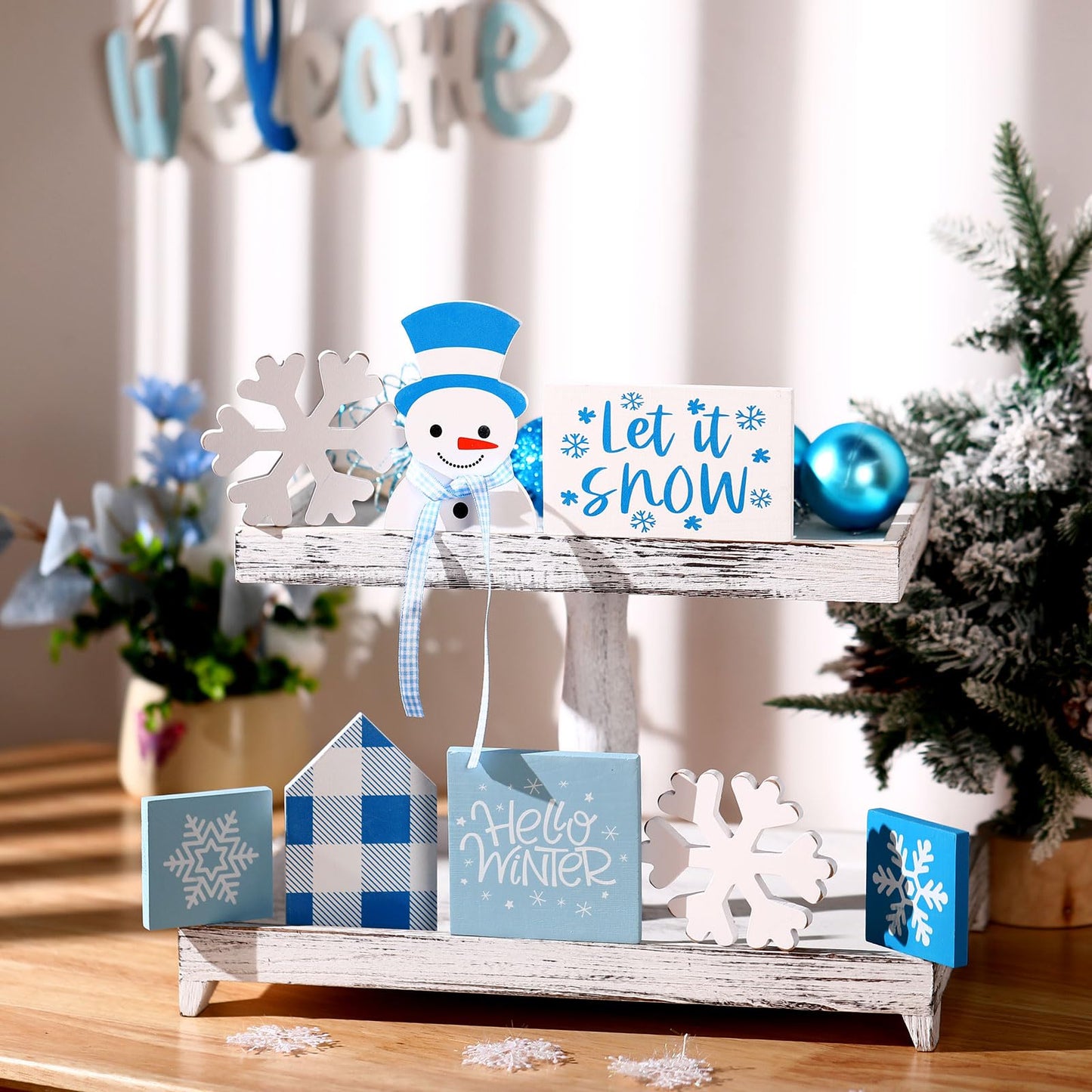 Sawysine 8 Pieces Winter Tiered Tray Decor, Let It Snow Sign Decor Farmhouse Snowflake Wooden Signs for Holiday Shelf Kitchen Coffee Bar(Blue, White)