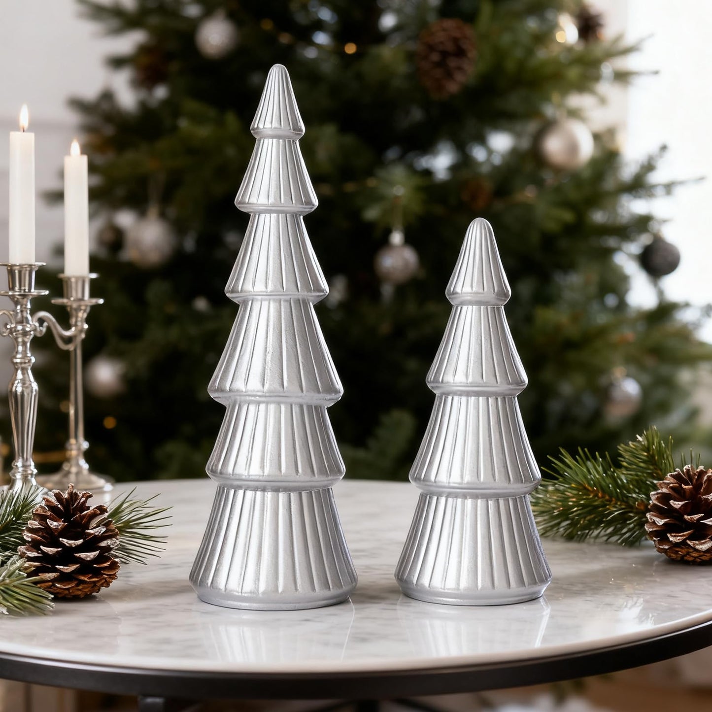 WONDROUS' DECO Wooden Christmas Tree Figurine, Tabletop Silver Tree Figurine, Set of 2 Desk Centerpieces for Christmas Decor