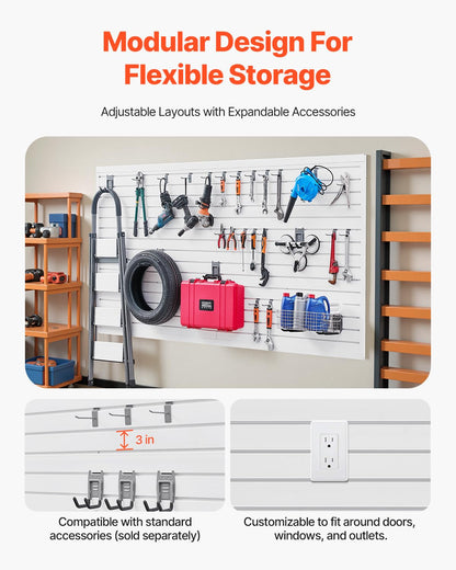 VEVOR Slat Wall Paneling, 8 x 4 ft, PVC Garage Slatwall with Accessories, White Slat Wall Easy-to-Install Adjustable Slatwall Panel with Coupling Structure & DIY Cutting, Fits for Storage & Display
