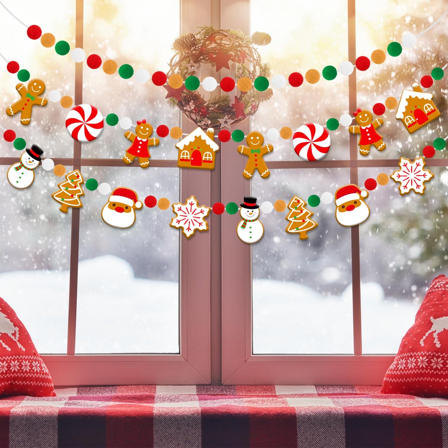 Doumeny 3Pcs Christmas Felt Ball Banner Xmas Gingerbread Man Candy House Garland Banner Christmas Tree Santa Claus Snowflake Snowman Garland Bunting Xmas Hanging Bunting for Holiday Mantel Home Decor