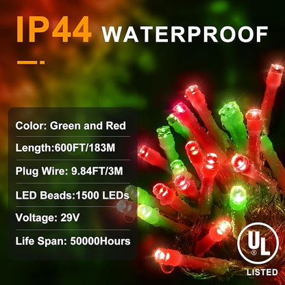KNONEW 600ft 1500 LED String Lights Outdoor Christmas Lights 8 Modes & Timer Fairy Light Plug in Waterproof LED String Lights for Xmas Yard Tree Wedding Party Holiday Decorations (Red and Green)