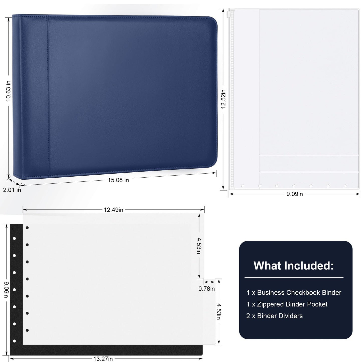 Antner Zippered 7 Ring Business Checkbook Binder Portfolio for 3-on-a-Page Business Checks, 600 Checks Capacity, PU Leather Check Binder Cover with Zipper Pouch & Dividers for 9x13 Sheets, Navy Blue