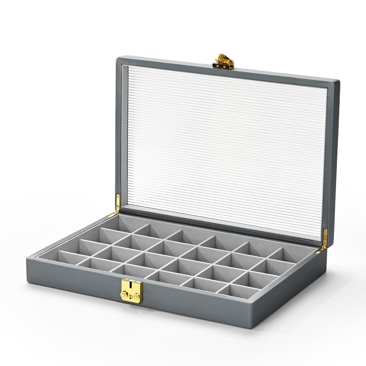 Oirlv Grey Leather Jewelry Organizer Jewelry Tray with Lid Jewelry Organizers and Storage for Drawers Pendant Ring Display Case Box for Women Jewelry Organizer with Lock (24 Grid)