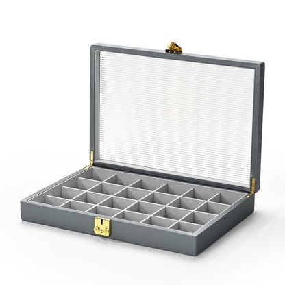 Oirlv Grey Leather Jewelry Organizer Jewelry Tray with Lid Jewelry Organizers and Storage for Drawers Pendant Ring Display Case Box for Women Jewelry Organizer with Lock (24 Grid)