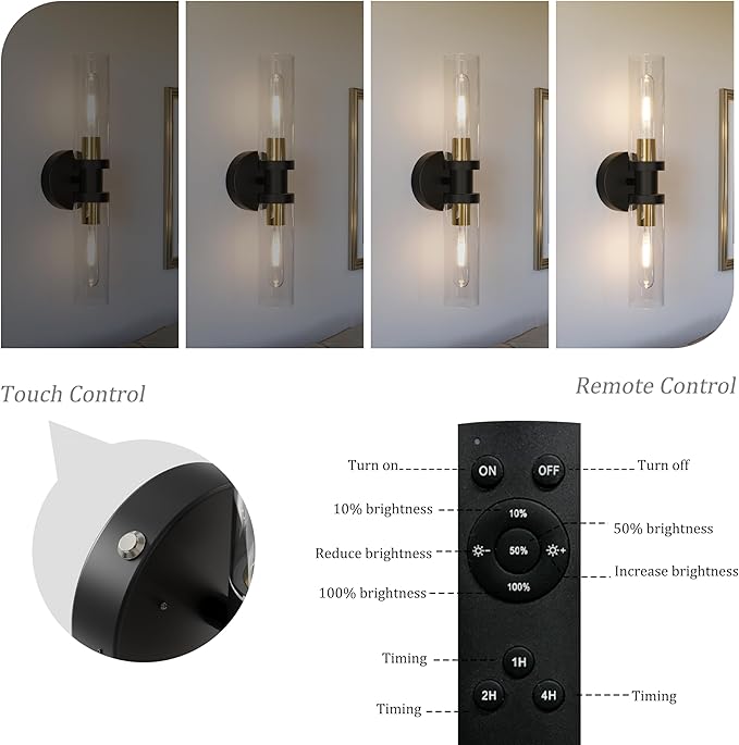 Rechargeable Battery Wall Sconce Set of Two, 8000mAh Cordless, Dimmable, Timer, Remote, Touch Control, 3000K, USB-C Charging for Living Room, Bedroom Black Gold (Include 4 Special Bulbs)