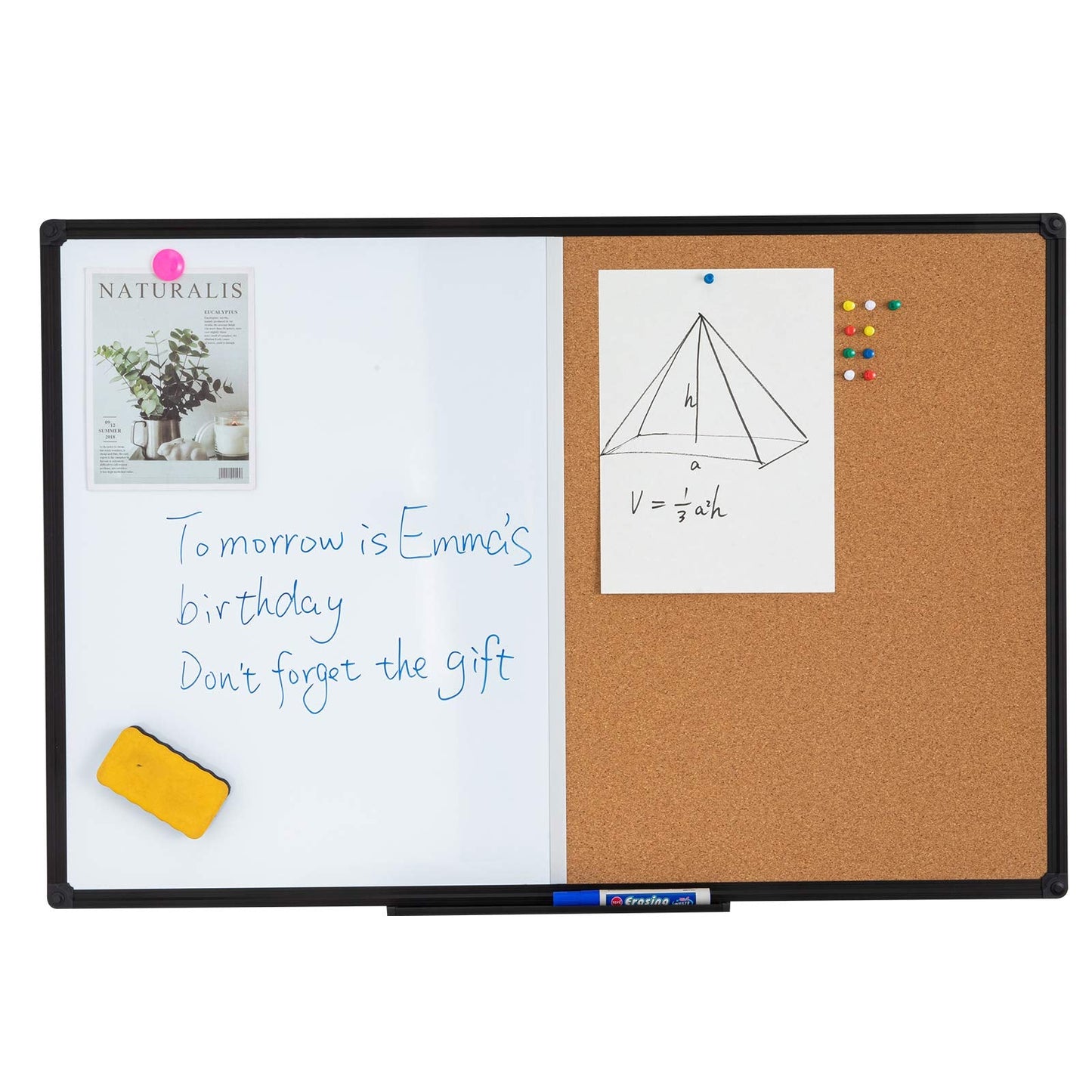 Magnetic Combination Whiteboard Cork Board 48 x 36 Inch, Black Aluminum Frame - Large Wall Mounted Vision Board & Planner for Home Office, Kitchen Command Center & Classroom Organization