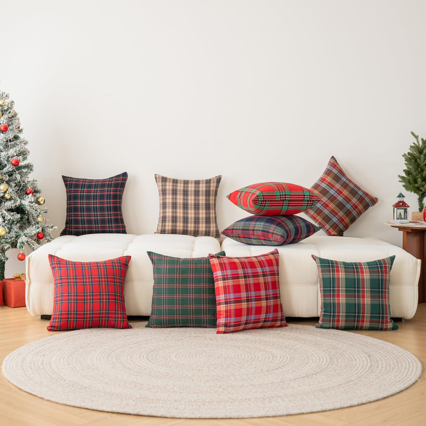 Huierxun Christmas Pillow Covers 18x18 Set of 2, Christmas Decorations Scottish Tartan Plaid Throw Pillow Cases Farmhouse Decorative Square Cushion Case for Sofa Couch Home Decor (Plaid D,18''x18'')