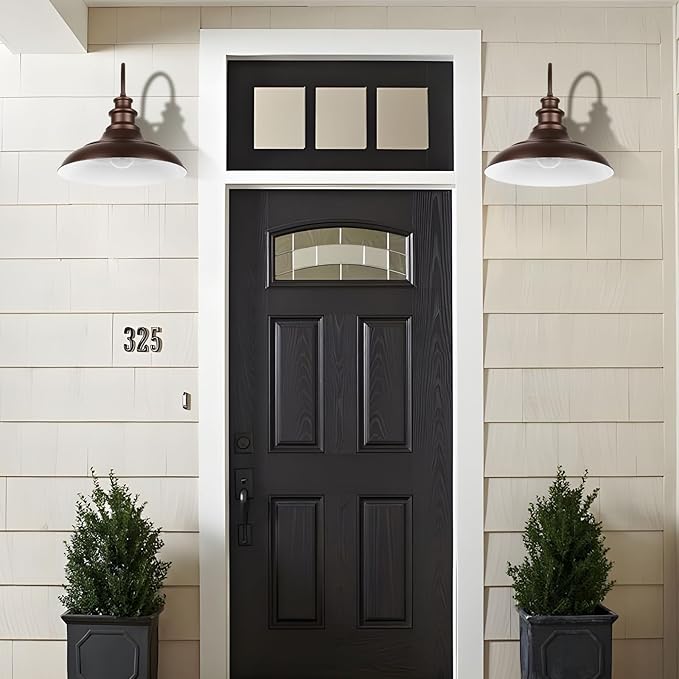 Dusk to Dawn Sensor Outdoor Barn Light Fixtures, 16 Inch Dome Farmhouse Outdoor Wall Sconces, Rustic Gooseneck Exterior Wall Mount Lights, Industrial Bronze White Wall Lanterns for Porch, 2 Pack