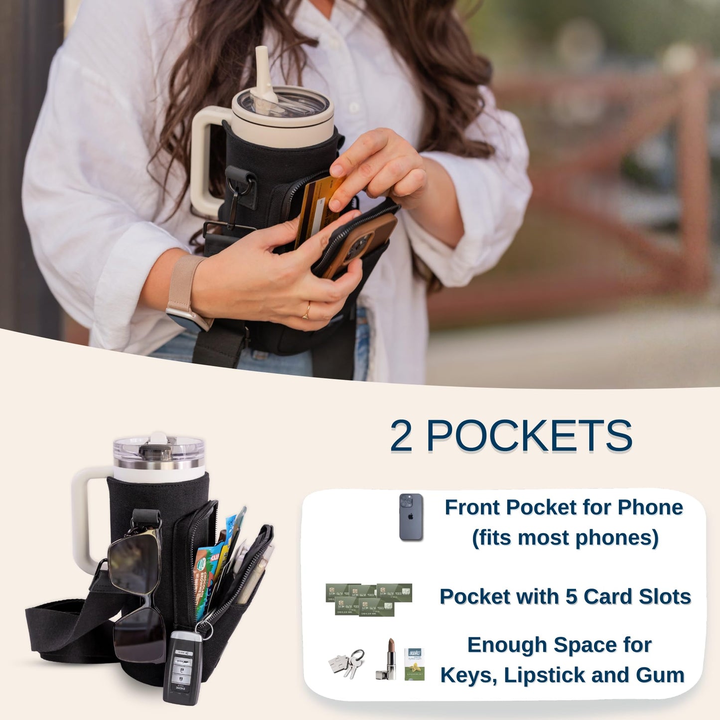 SOLLY AND RUE Water Bottle Sling Bag Crossbody Water Bottle Holder with Strap & Phone Pocket Insulated Carrier for Stanley & Hydro Flask up to 40oz Travel & Walking Companion