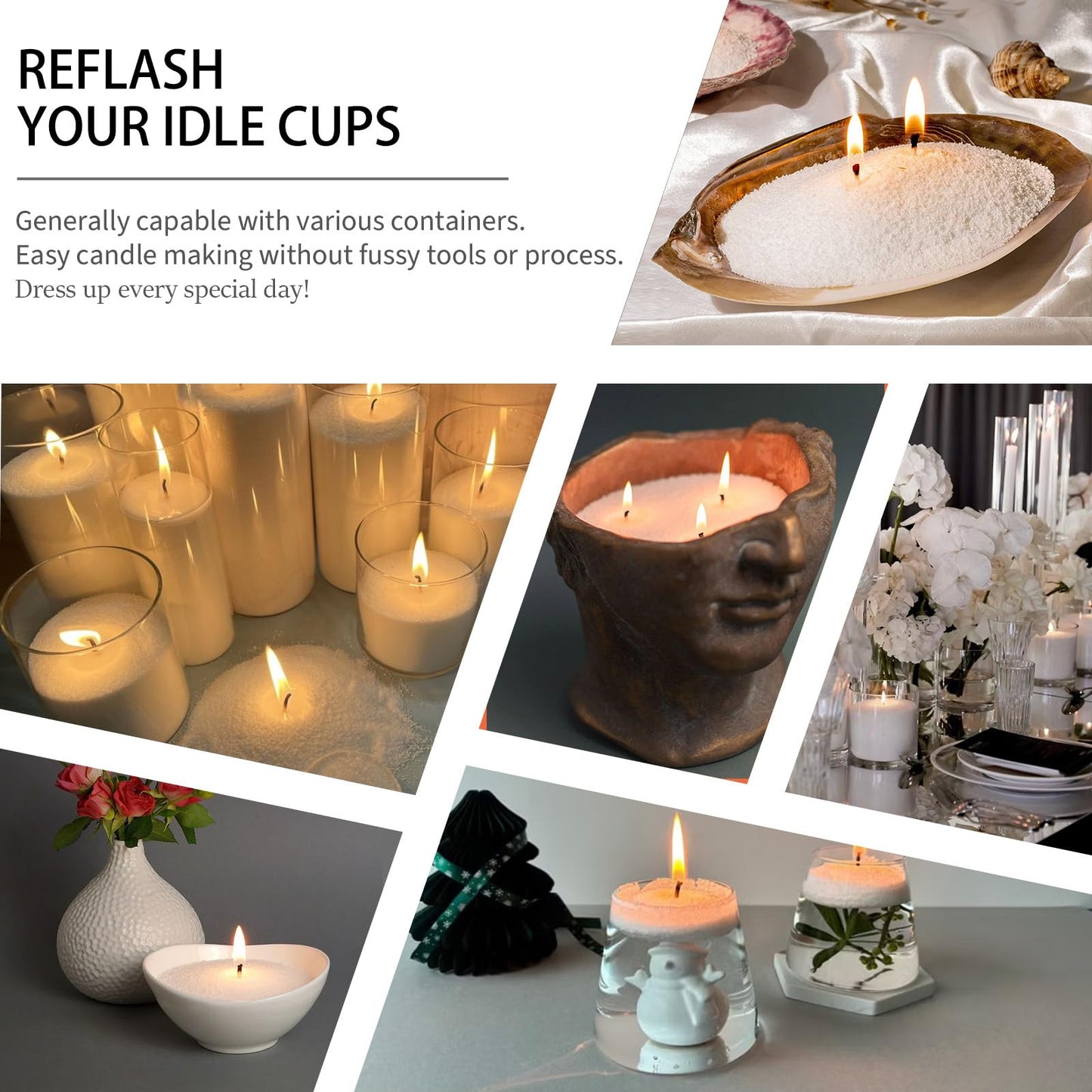 Pansyling Pearled Candle Sand Set, Refillable 1.1Lb Sand Wax, 50 X 6”Candle Wicks, Smoke Free Powder Snow Candles Sand Wax, 120 Hours Burning Time DIY Candle Making Kit, White