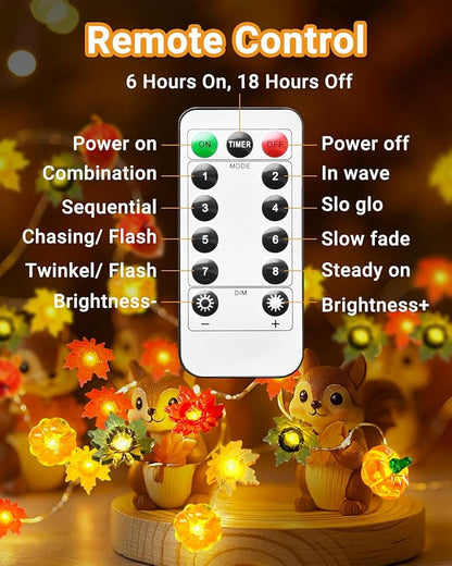 btfarm Fall Decor 16.4FT 50 LED 3D Pumpkin Maple Leaf Acorn Fairy String Lights Battery Operated with Remote Timer, Thanksgiving Decorations Waterproof for Home Autumn Harvest Halloween Party