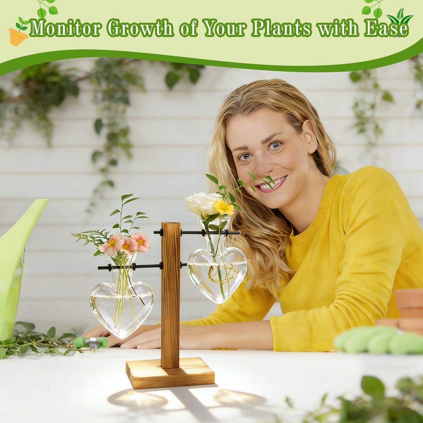 XXXFLOWER Plant Terrarium Wooden Stand, Hydroponic Planter Bulb Glass Metal Swivel Holder Retro Air Plants Water Plants for Home Office Decoration,Gifts for Plant Lover Wife Mom- 2 Love Bulb Vase