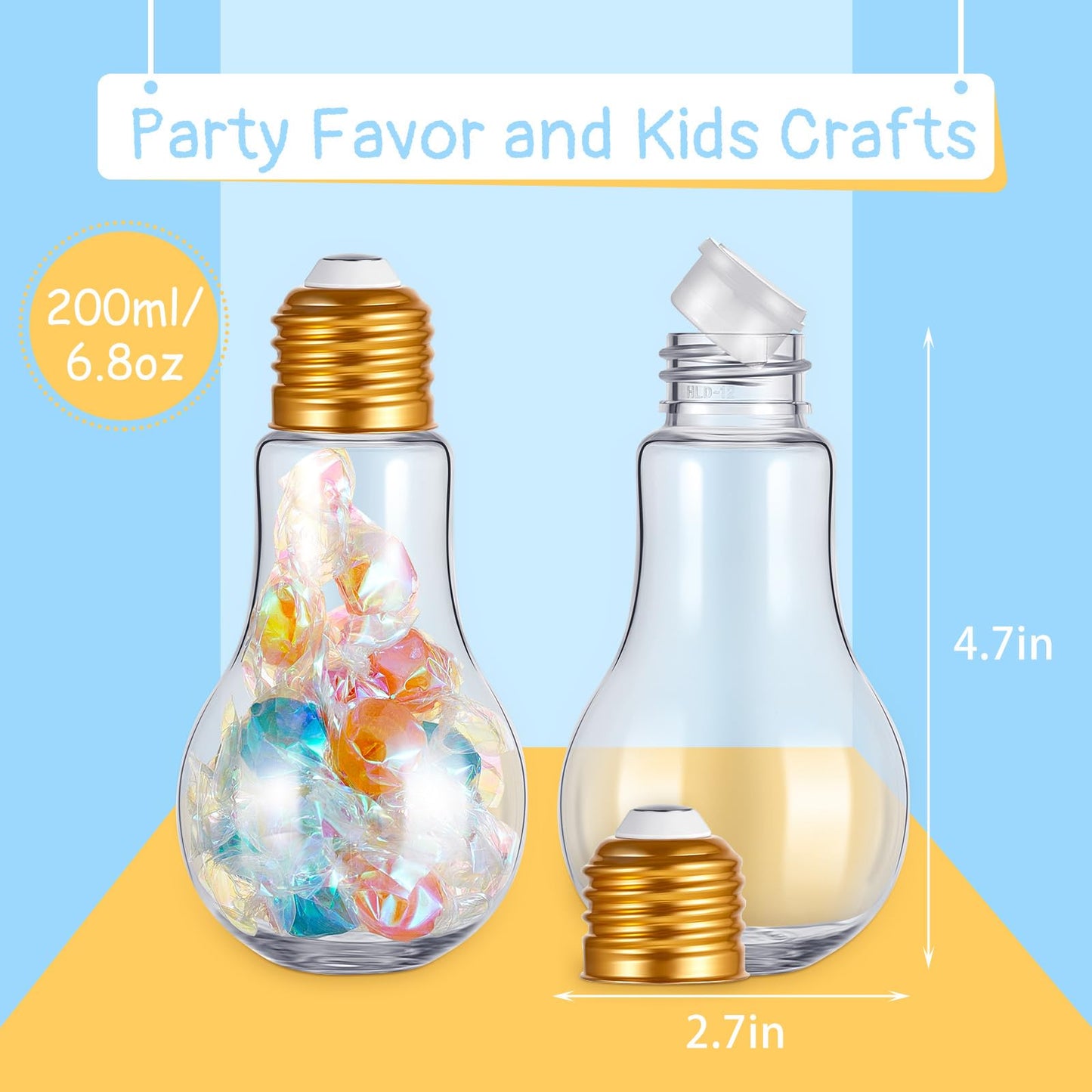 Tessco for you 36 Pcs 6.8 oz/ 200 mlPlastic Light Bulb Jars Clear Plastic Candy Jars Bulb Vase Christmas Ornament Storage Container with Lid Fillable Ornament for Candy DIY Craft Hanging(Gold)