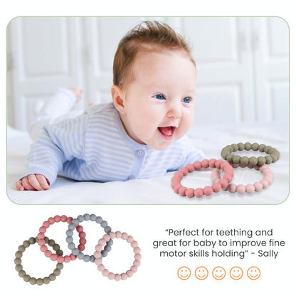 Nearbyme Silicone Teether Rings, 4 Neutral (White, Beige, etc.) Baby Teether Bracelets for 3m+ Babies to Self-Soothe