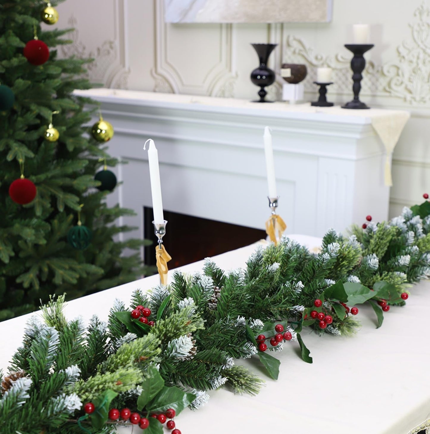HipTree 9ft Christmas Garland with Lights,Lighted Artificial Flowering Pine Garland for Mantle,Prelit Faux Green Christmas Winter Garland with Pine Cones and Red Berry for Indoor Outdoor Decor