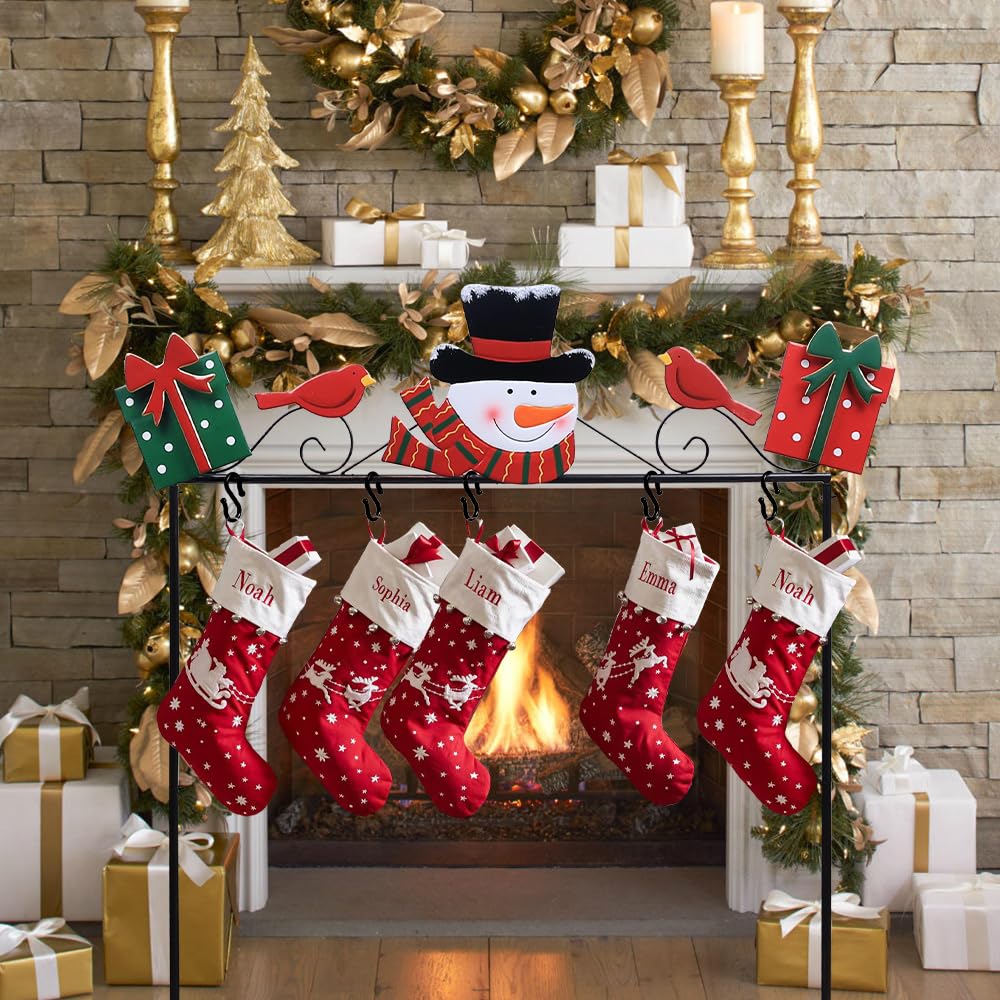 YEAHOME Christmas Stocking Holder Stand, Metal Freestanding Stocking Stand with Snowman Red Bird Xmas Gifts Box, 5 Hooks Stocking Hanger for Christmas Decorations Indoor Home Living Room Fireplace