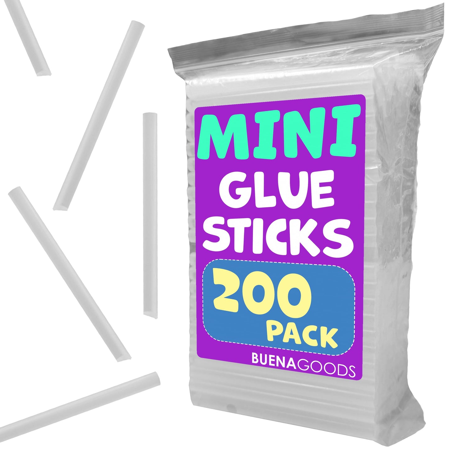 Buena Goods 200 Pack Mini Hot Glue Sticks for Mini Hot Glue Guns - 4" x 0.27" - Bond and Craft on Metal, Paper, Glass, Wood, and More - Quick Drying and Clear Sticks Bulk for Crafts