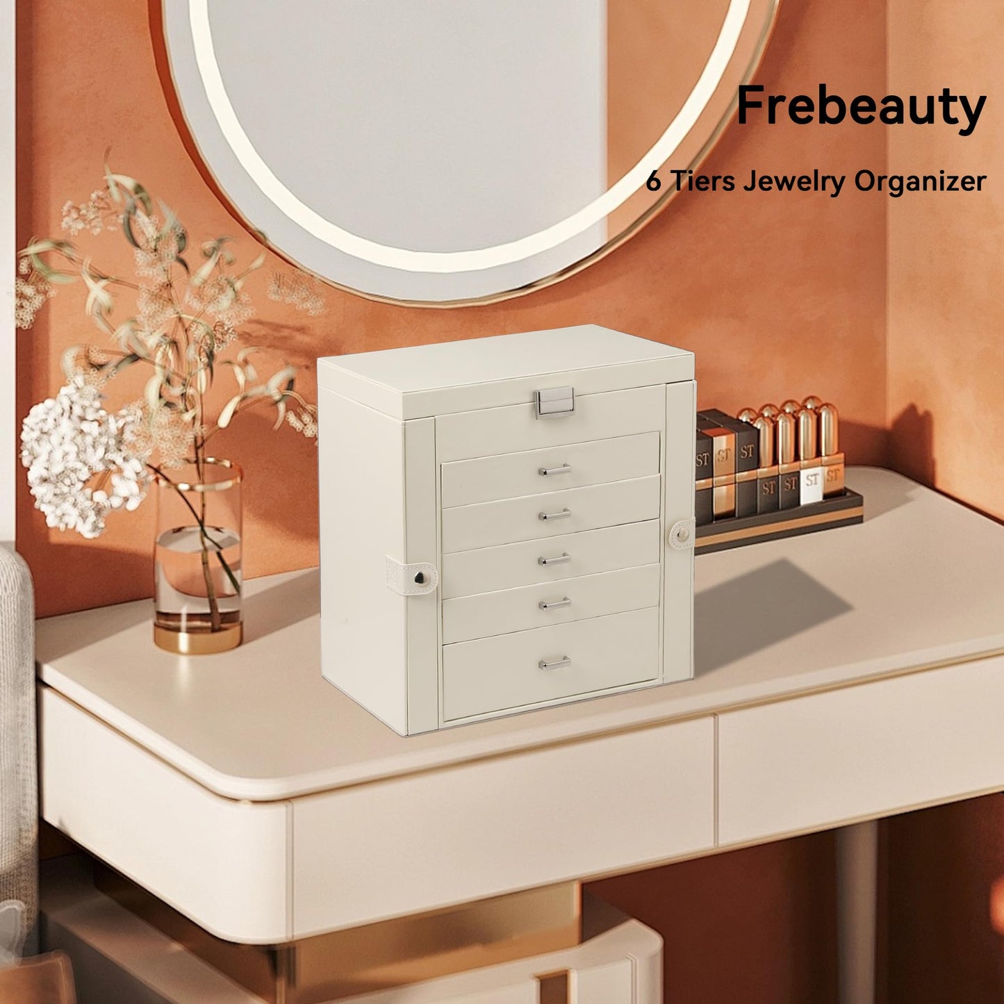 Frebeauty Large Jewelry Box,6-Tier PU Leather Jewelry Organizer,Multi-functional Storage Case with Mirror,Accessories Holder with 5 Drawers for Necklace Bracelets Watches(Pearl White)