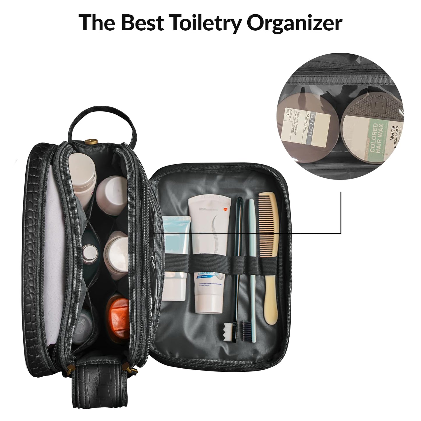 Dot&Dot Leather Toiletry Bag for Men Women - Spacious Womens Mens Toiletry Travel Toiletries Bags (Black Croc)