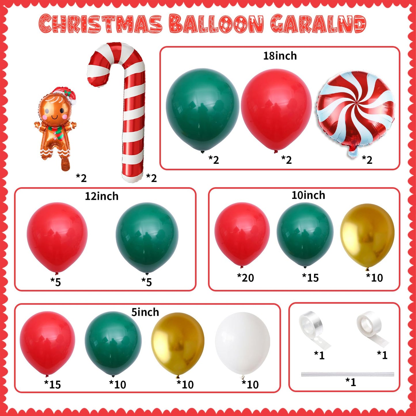 Christmas Balloon Garland kit with Gingerbread Man Foil Balloons, 111 Pieces Red Dark Green Metallic Gold Xmas Balloon Arch with Red White Candy Cane Balloons for Indoor Christmas Party Decorations