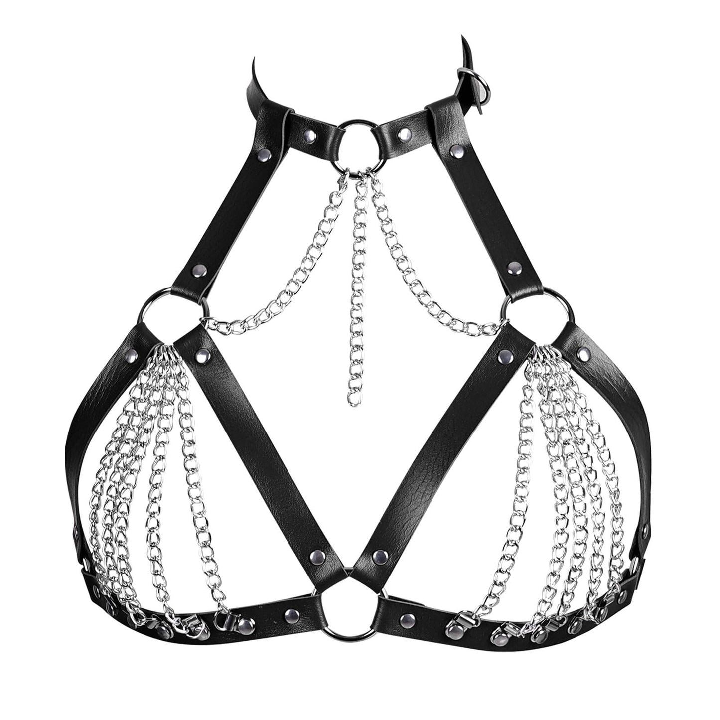 BAQOEYII Leather Bra CageStyle Shoulder Strap,Punk Layered Chest Chain,Punk Black Leather Chest Harness Body Waist Chain Belt Rave Nightclub Belly Bra Jewelry Accessor for Halloween Carnival