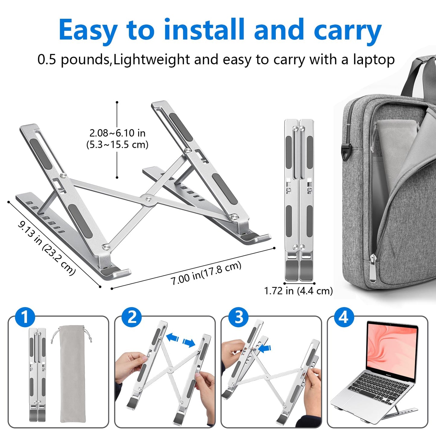 Sopholid Laptop Stand for Desk, Aluminum Metal MacBook Stand，Computer Riser for Desk, Portable Foldable Adjustable Notebook Holder, Compatible with 10-15.6 Inch Laptops, iPad, Silver.