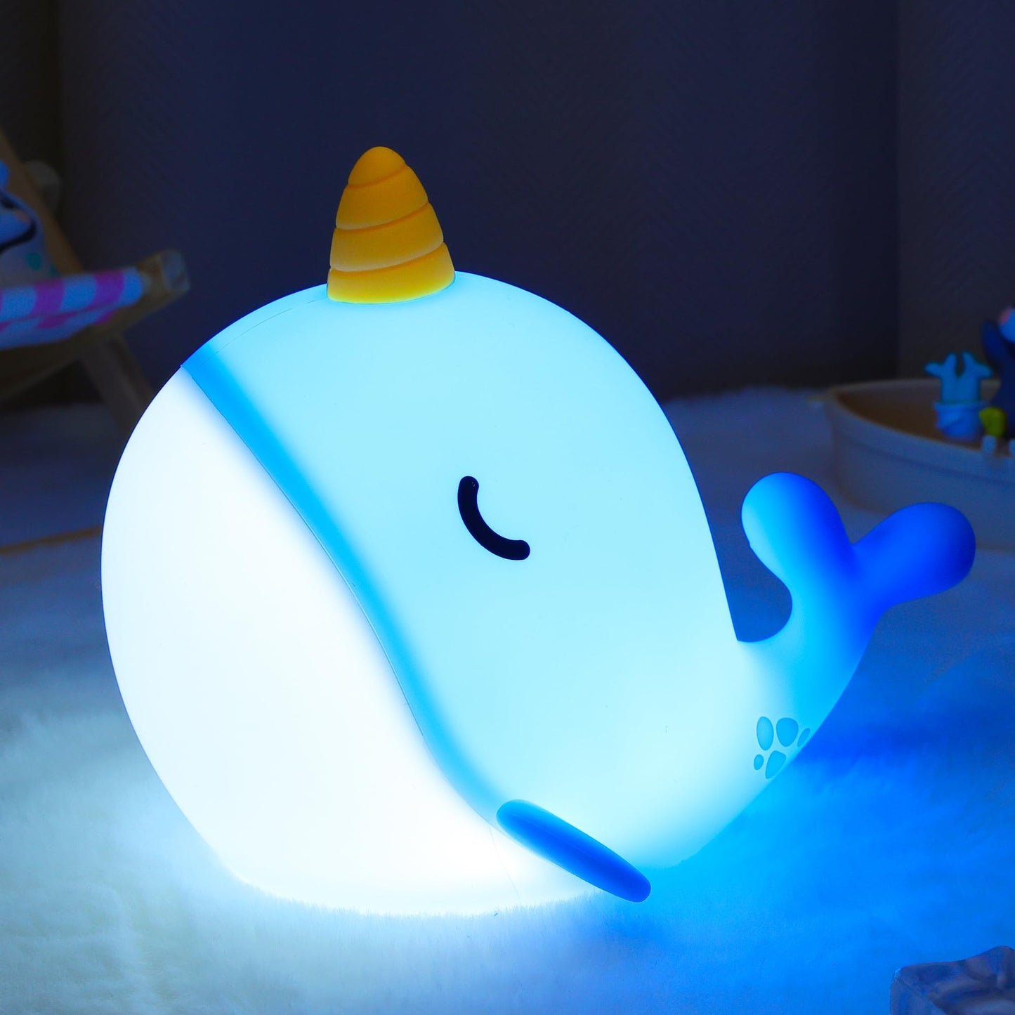 Ammonite Blue Narwhal Night Light, Soft Silicone Whale Nursery Lamp with 3 Dimming Levels and 30-Minute Timer, Touch Control Nightlight for Bedroom Decor, Christmas Birthday Gift