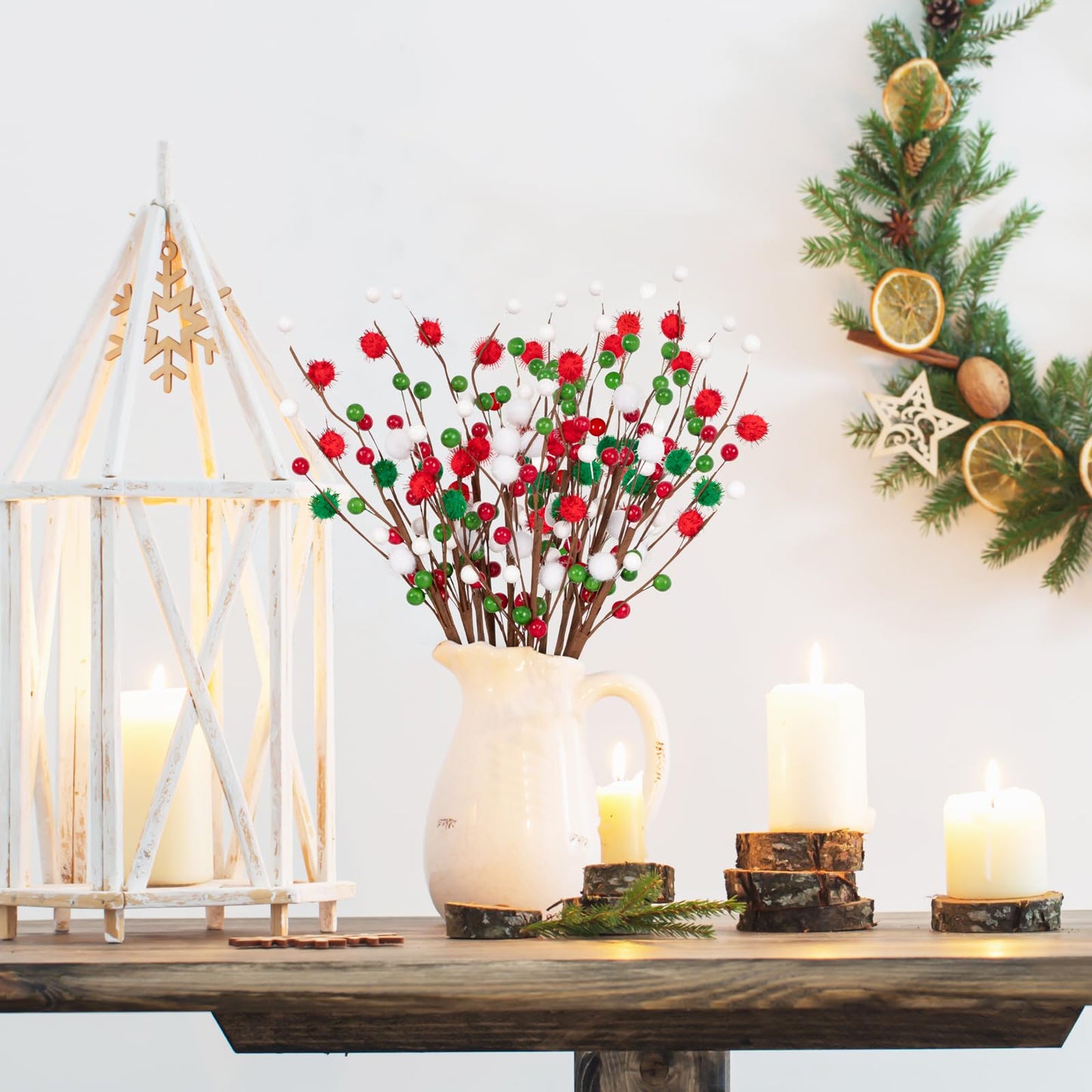 12PCS Christmas Tree Decorations Red Green Picks Berry Stems Xmas Ornaments Floral Pick with Beads Balls for Tree Topper Vase Home Table Decor