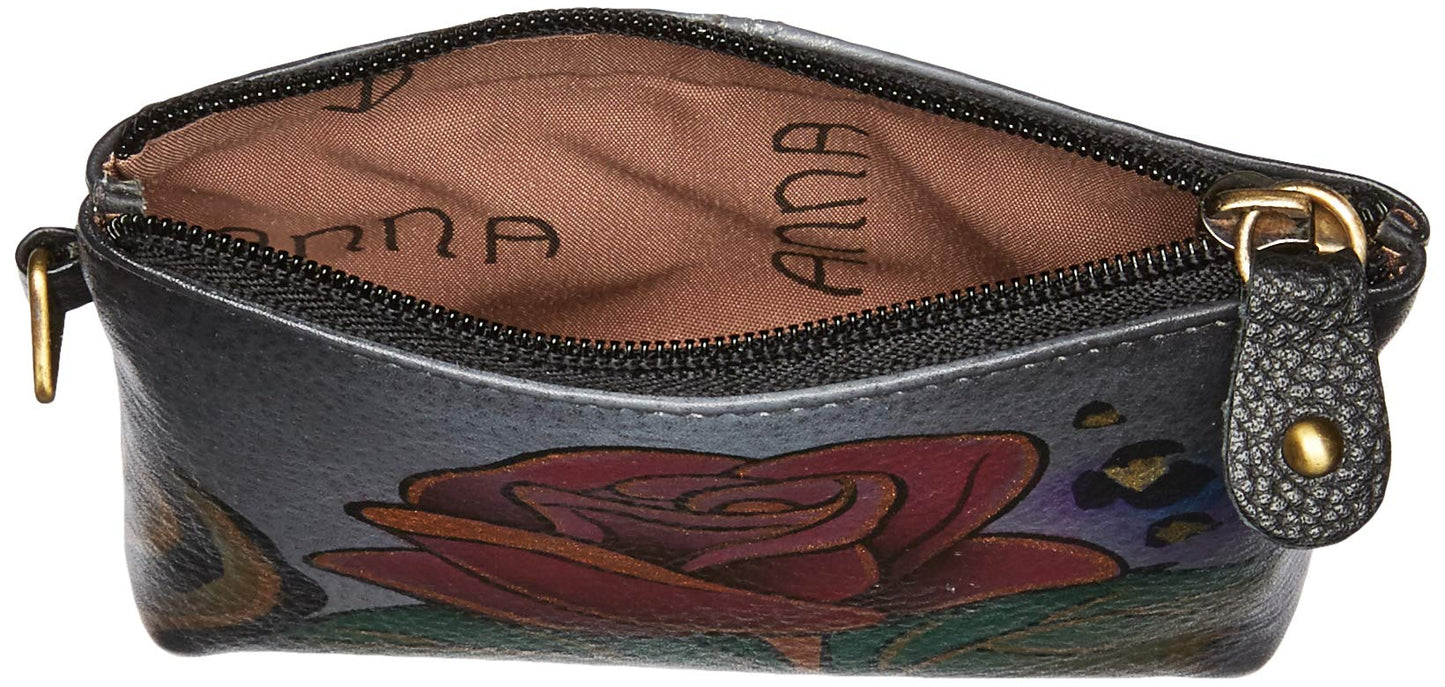 Anna by Anuschka Women's Hand Painted Genuine Leather Coin Pouch - Rose Safari Grey